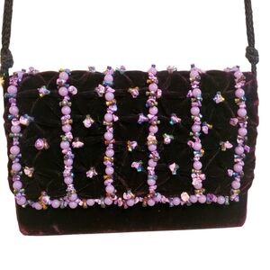 Gorgeous burgundy/black velvet bead and stone embellished purse